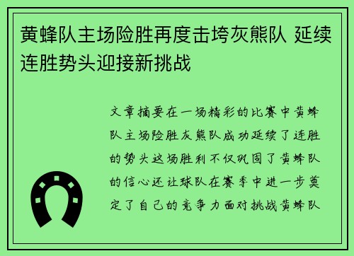 黄蜂队主场险胜再度击垮灰熊队 延续连胜势头迎接新挑战
