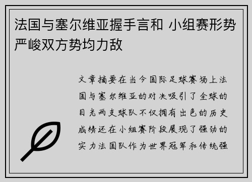法国与塞尔维亚握手言和 小组赛形势严峻双方势均力敌
