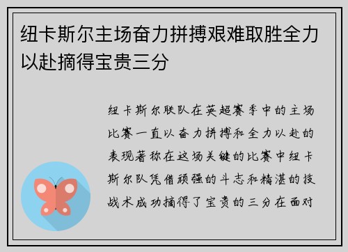 纽卡斯尔主场奋力拼搏艰难取胜全力以赴摘得宝贵三分